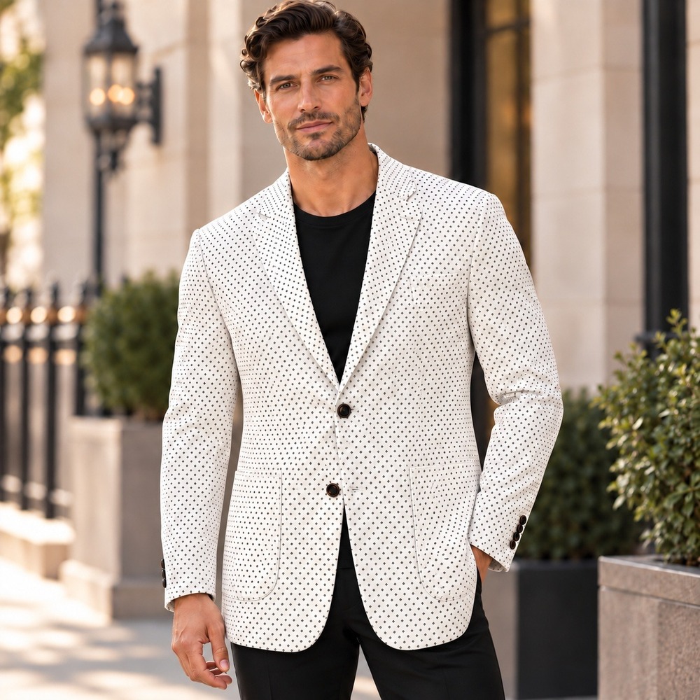 Murano Mens XL Sport Coat White Black Geometric Floral Slim Fit Blazer